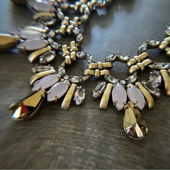 J. Crew Flower Statement Necklace Brass Tone with Clear, Gold and Pink Stones - Picture 5 of 7